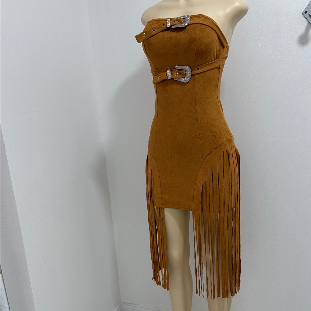 Fringed Tan Strapless Dress